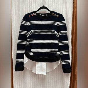 VERONICA BEARD Mix Media Sweater In Navy/Black W/ Shirt Tail White SZ S Cotton